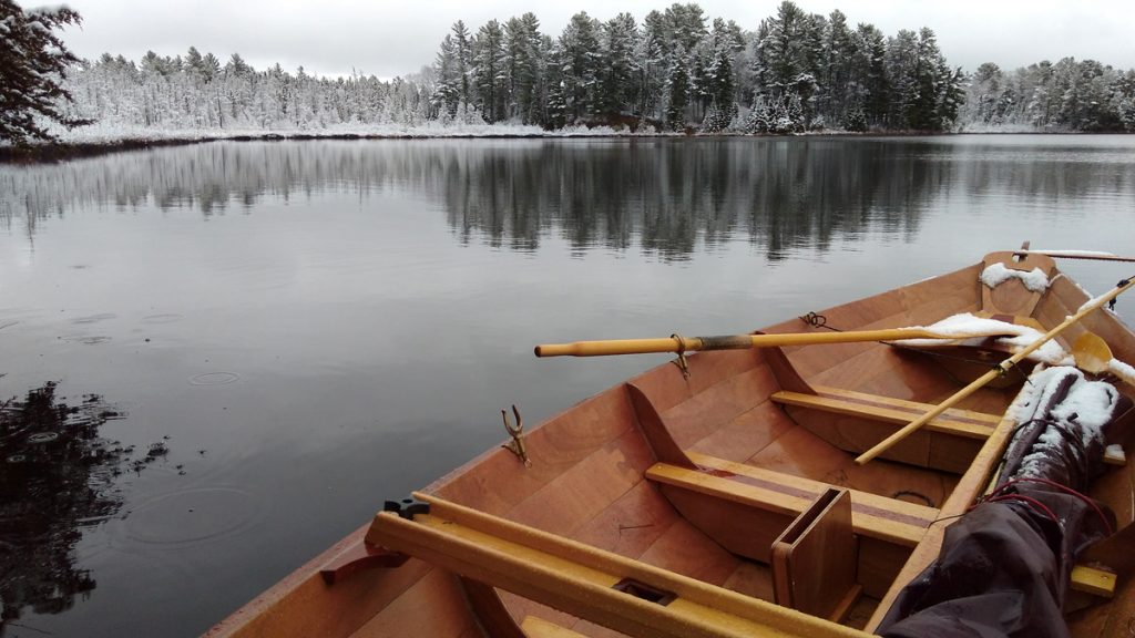 Northeast wooden dory in the snow